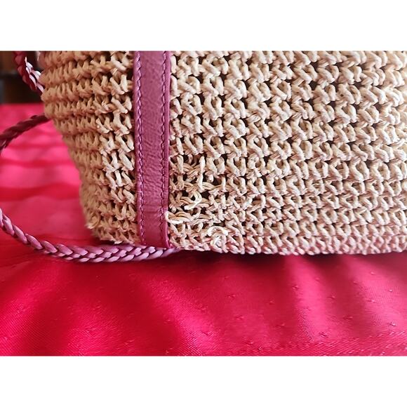Brighton Woven Straw Raffia Macrame Medium Tan w Pink Shoulder Handbag As Is - Picture 15 of 15
